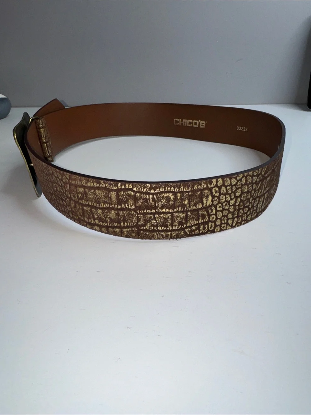 Chico’s Genuine Leather Wide Croc Embossed Belt with Hammered Brass Buckle